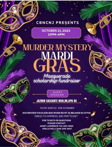 Poster for the CBNCNJ Murder Mystery Mardi Gras Scholarship fundraiser